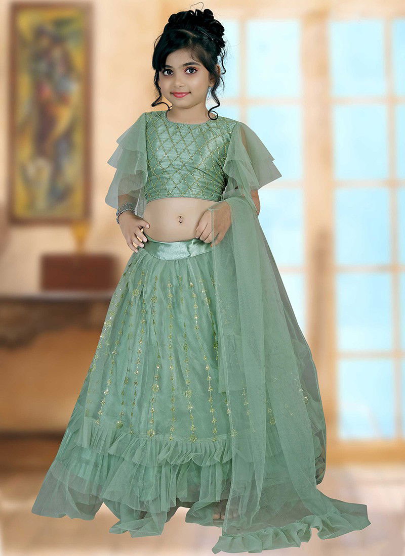 Dark Green Colour Latest Fancy Designer Party Wedding Wear Net With Embroidery Work Kids Wear Girls Lehnga Choli Collection Aaradhna118